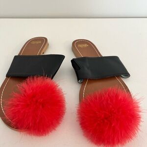 Frances Valentine Black Nappa Leather Sandals with Red Pom Poms